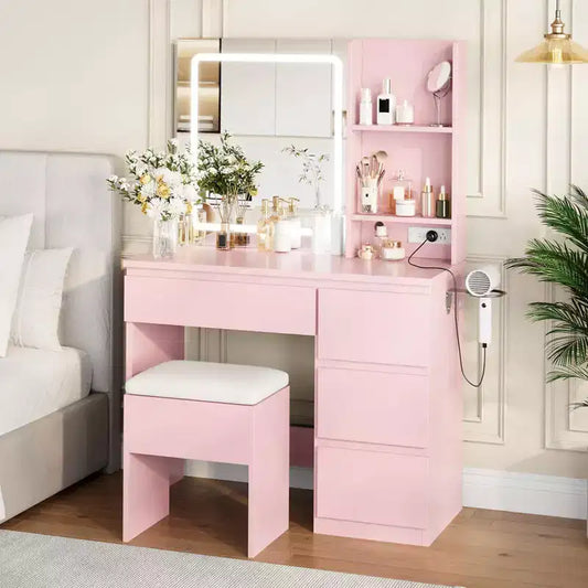 Vanity Desk with Mirror and Lights - Modern Makeup Dressing Table with Outlets, Storage Stool,4 Drawers & Hair Dryer Holder-3 Colors LED Vanity Mirror
