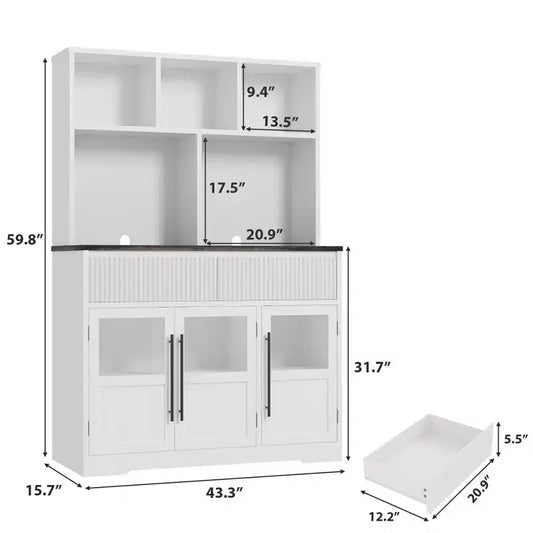 Mobile dispensa da 60 pollici in stile fattoria con ante in vetro e cassetti, Credenza da cucina per angolo caffè (Bianco)