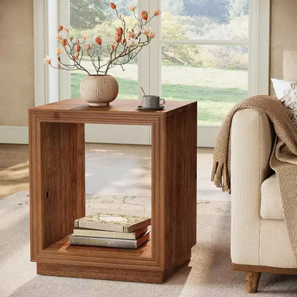 Lantine Solid Wood Side Table, Rustic Wooden End Table with 2-Tier Storage Shelf for Bedroom, Small Spaces, Living Room, Easy Assembly, Natural Brown