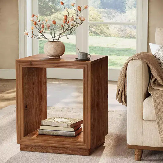 Lantine Solid Wood Side Table, Rustic Wooden End Table with 2-Tier Storage Shelf for Bedroom, Small Spaces, Living Room, Easy Assembly, Natural Brown