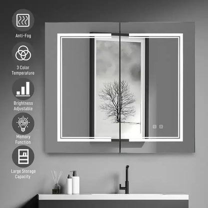 Mobiletto da Bagno a Parete con Specchio LED e Prese di Ricarica