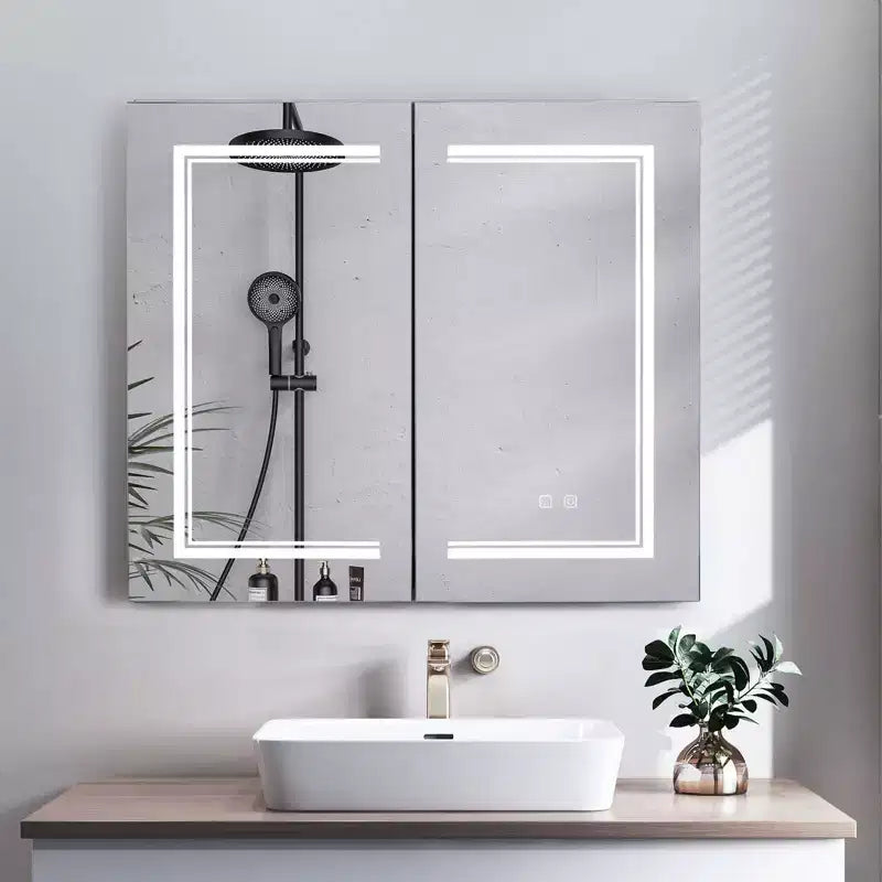 Mobiletto da Bagno a Parete con Specchio LED e Prese di Ricarica