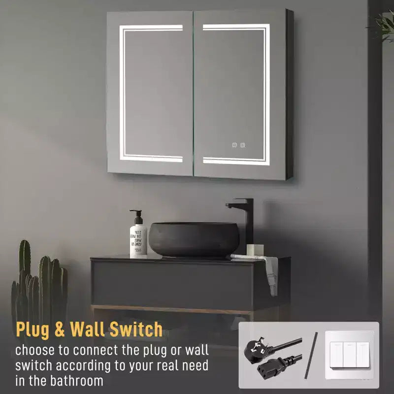 Mobiletto da Bagno a Parete con Specchio LED e Prese di Ricarica