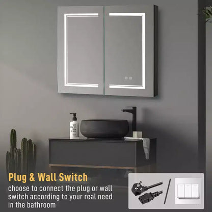 Mobiletto da Bagno a Parete con Specchio LED e Prese di Ricarica