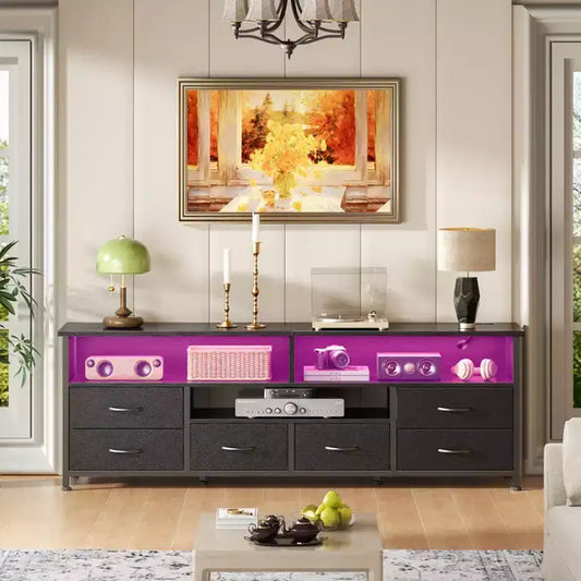 Qwatto 63 Inch Black TV Stand Dresser with Charging Station LED Lights 6 Drawers Entertainment Center for TVs up to 70 Inch Media Console Living Room