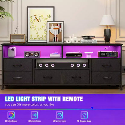 Mobile TV/Cassettiera Nera da 63 Pollici con Luci LED e Stazione di Ricarica