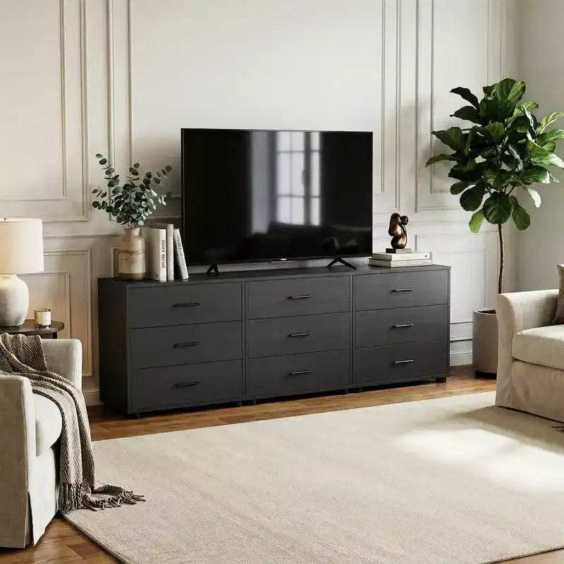 Mobile TV con 3 cassetti, Comò con piedini in feltro e Comodino, Nero