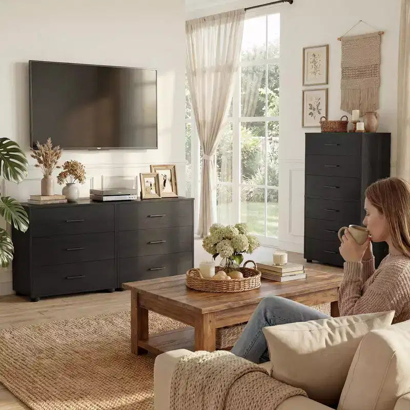 Mobile TV con 3 cassetti, Comò con piedini in feltro e Comodino, Nero