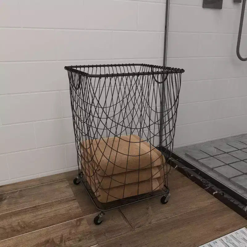 Carrello portaoggetti industriale quadrato in metallo, struttura in ferro nero con rotelle girevoli