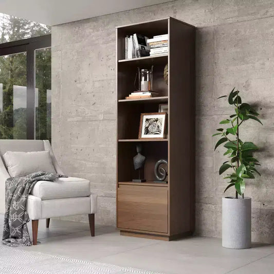 Libreria moderna di metà secolo da 180 cm con 4 ripiani e 1 cassetto, in legno massello di noce