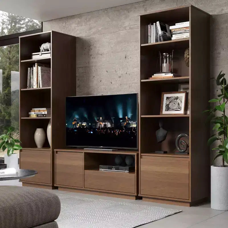 Libreria moderna di metà secolo da 180 cm con 4 ripiani e 1 cassetto, in legno massello di noce