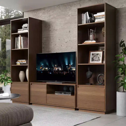 Libreria moderna di metà secolo da 180 cm con 4 ripiani e 1 cassetto, in legno massello di noce