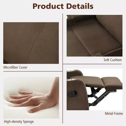 Poltrona reclinabile monoposto con contenitore e portabicchieri, color caffè / grigio / marrone