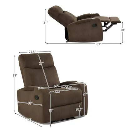 Poltrona reclinabile monoposto con contenitore e portabicchieri, color caffè / grigio / marrone