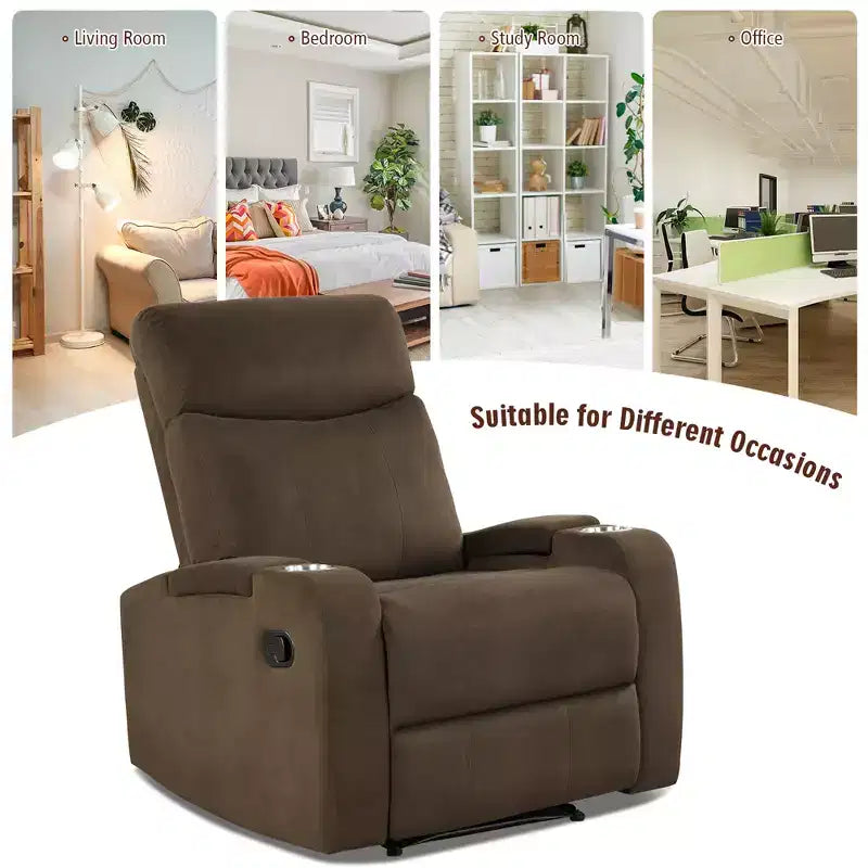 Poltrona reclinabile monoposto con contenitore e portabicchieri, color caffè / grigio / marrone