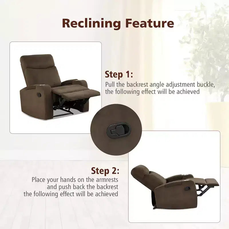 Poltrona reclinabile monoposto con contenitore e portabicchieri, color caffè / grigio / marrone