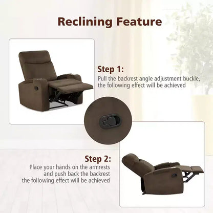 Poltrona reclinabile monoposto con contenitore e portabicchieri, color caffè / grigio / marrone