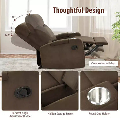 Poltrona reclinabile monoposto con contenitore e portabicchieri, color caffè / grigio / marrone