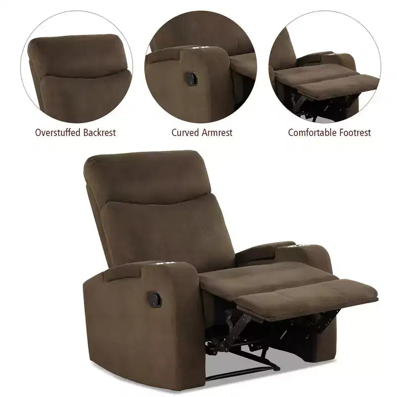 Poltrona reclinabile monoposto con contenitore e portabicchieri, color caffè / grigio / marrone