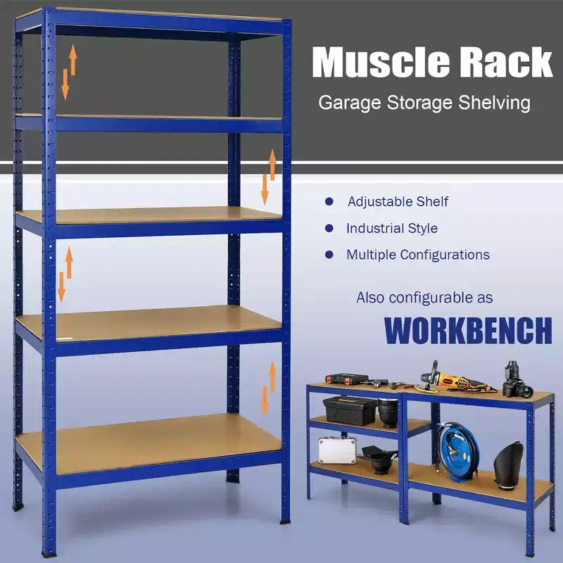 Confezione da 2 Scaffalature per Garage in Acciaio 5 Livelli Resistente 183 cm, Ripiani Regolabili, Argento e Blu